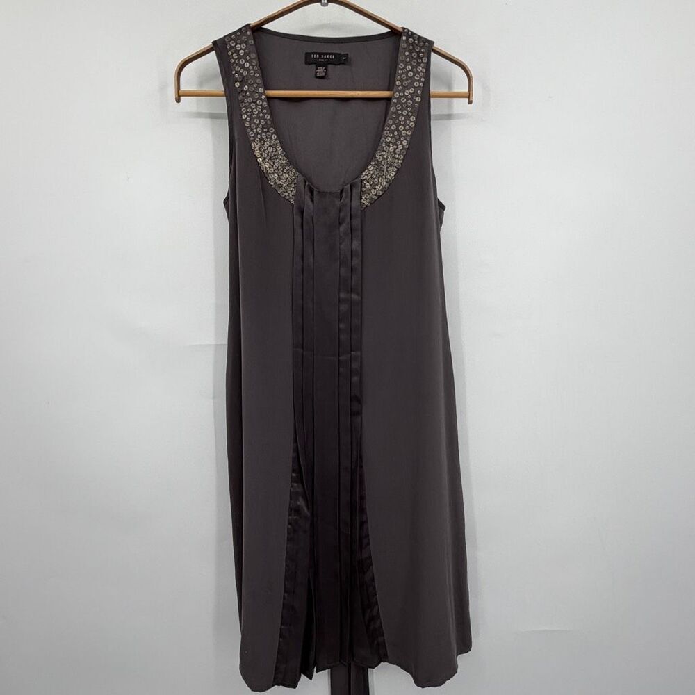 Ted Baker London 100% Silk Embellished Sleeveless Shift Dress Gray Size 1